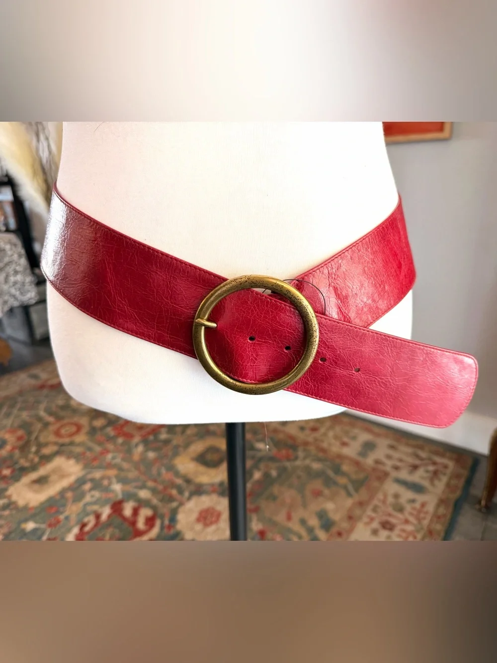 HOBO Red Leather Belt with Round Brass-Tone Buckle